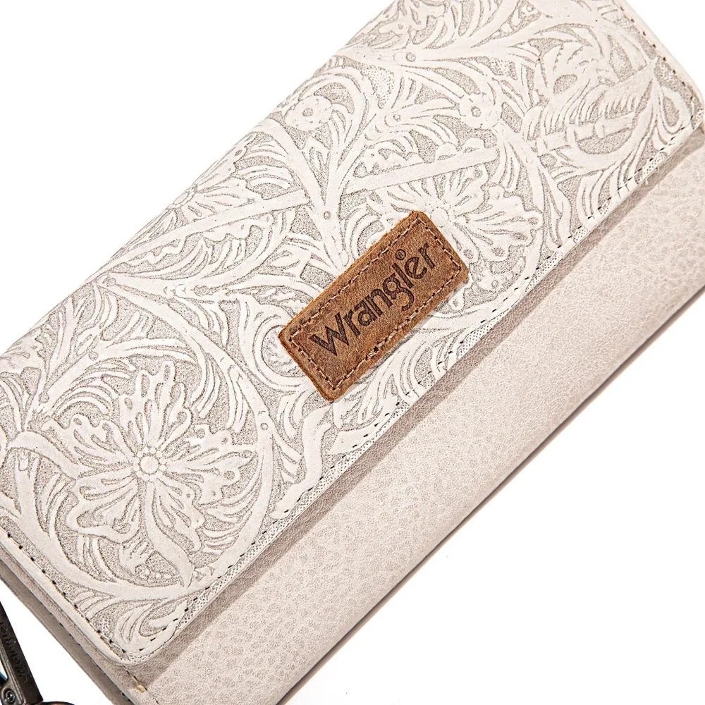 Wrangler Western Floral Tooled Tri-fold RFID Wallet/Wristlet Beige